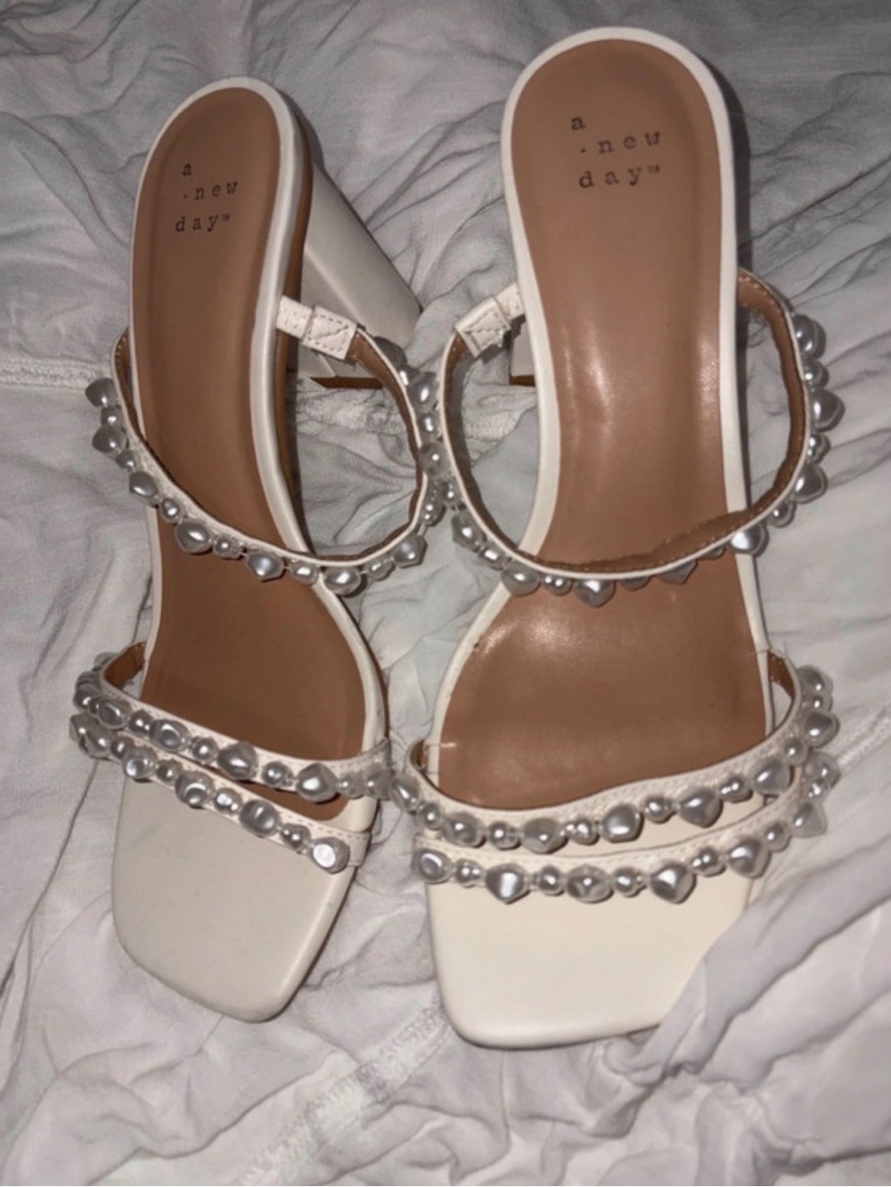 a new day White Pearl-Trim Block Heel Sandals